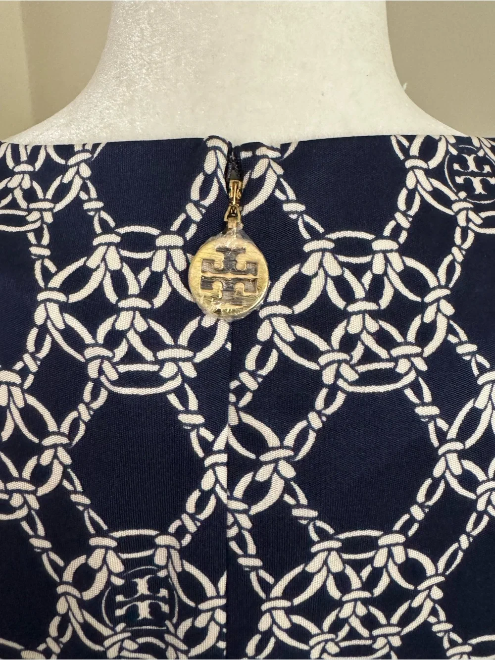 Tory Burch Navy & White Chain-Link V-Neck Midi Dress